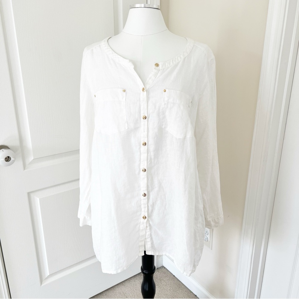 JM Collection White Linen Button-Down Tunic Shirt 16W Roll-Tab Sleeves Gauzy